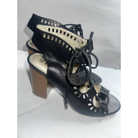 Ana Ravi Black Cutout Lace-Up Heeled Sandals With Peep Toe & Block Heel Size 8M - Picture 4 of 7